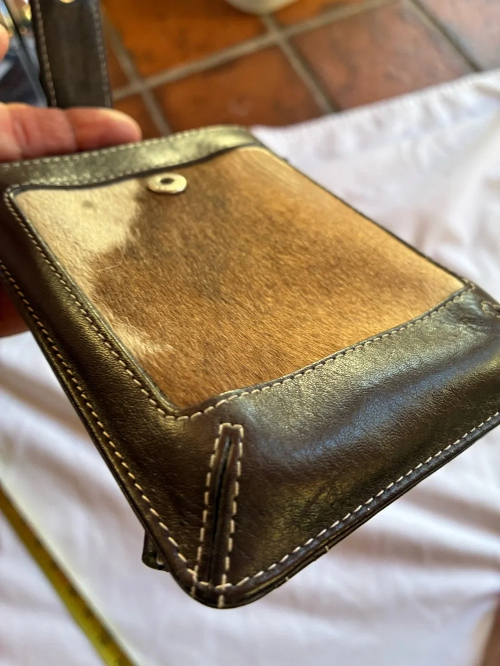 2 Croc-Embossed Wallets Brown Leather Card Wallet with Gold Snap and Calf Hair